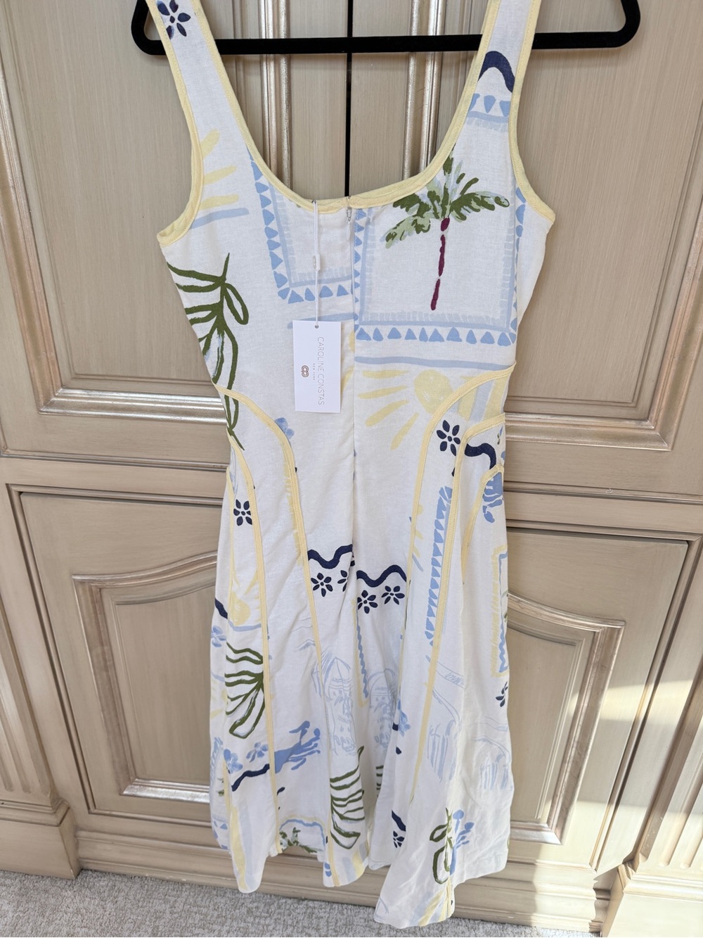 Caroline Constas White Sundress with Yellow Trim and Blue Print small waist